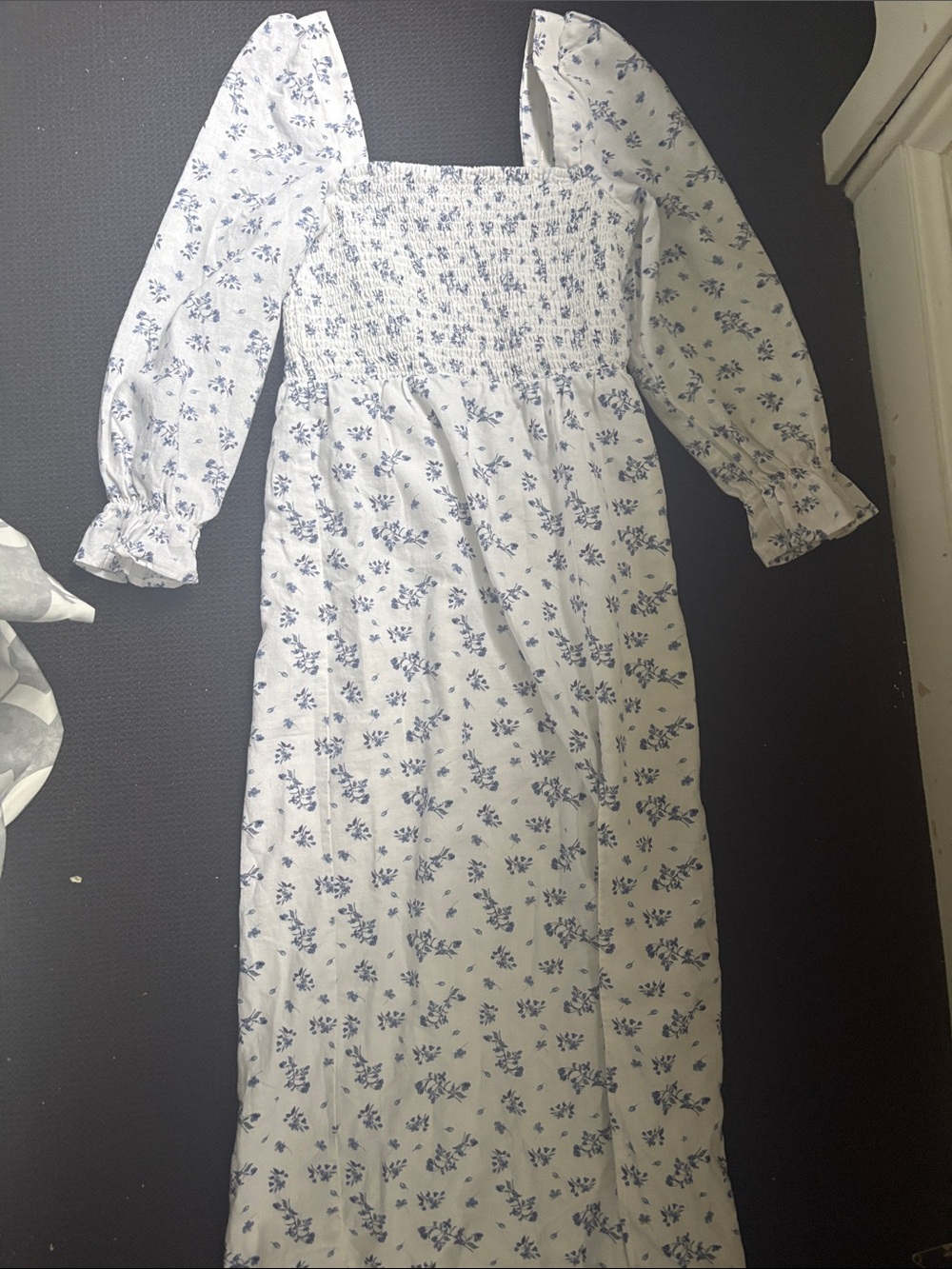 House of Harlow 1960 White Maxi Dress with Blue Floral Smocking